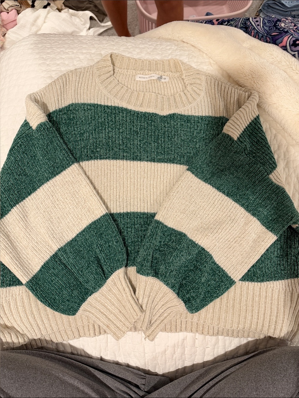 Altar'd State Green and Cream Striped Crewneck Sweater